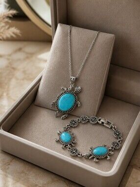 Turquoise Turtle Necklace & Bracelet Set - Silver Tone Women’s Jewelry